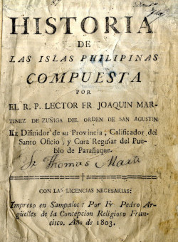 Historia de las islas Philipinas, de J. Martínez de Zúñiga (Sampaloc, 1803).